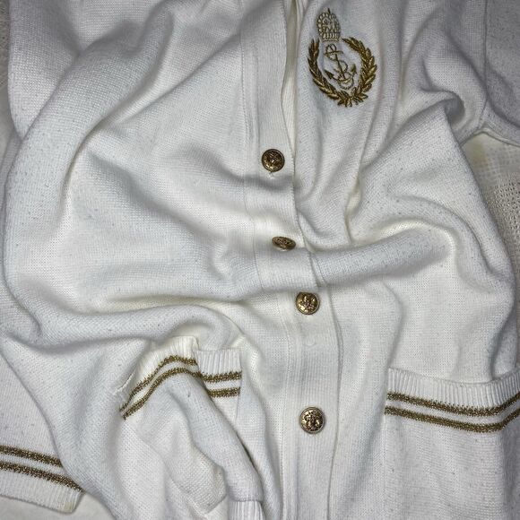 Vintage BAY POINT THREADS Cardigan Nautical Eagle Gold Crest Womens M White - Picture 8 of 8